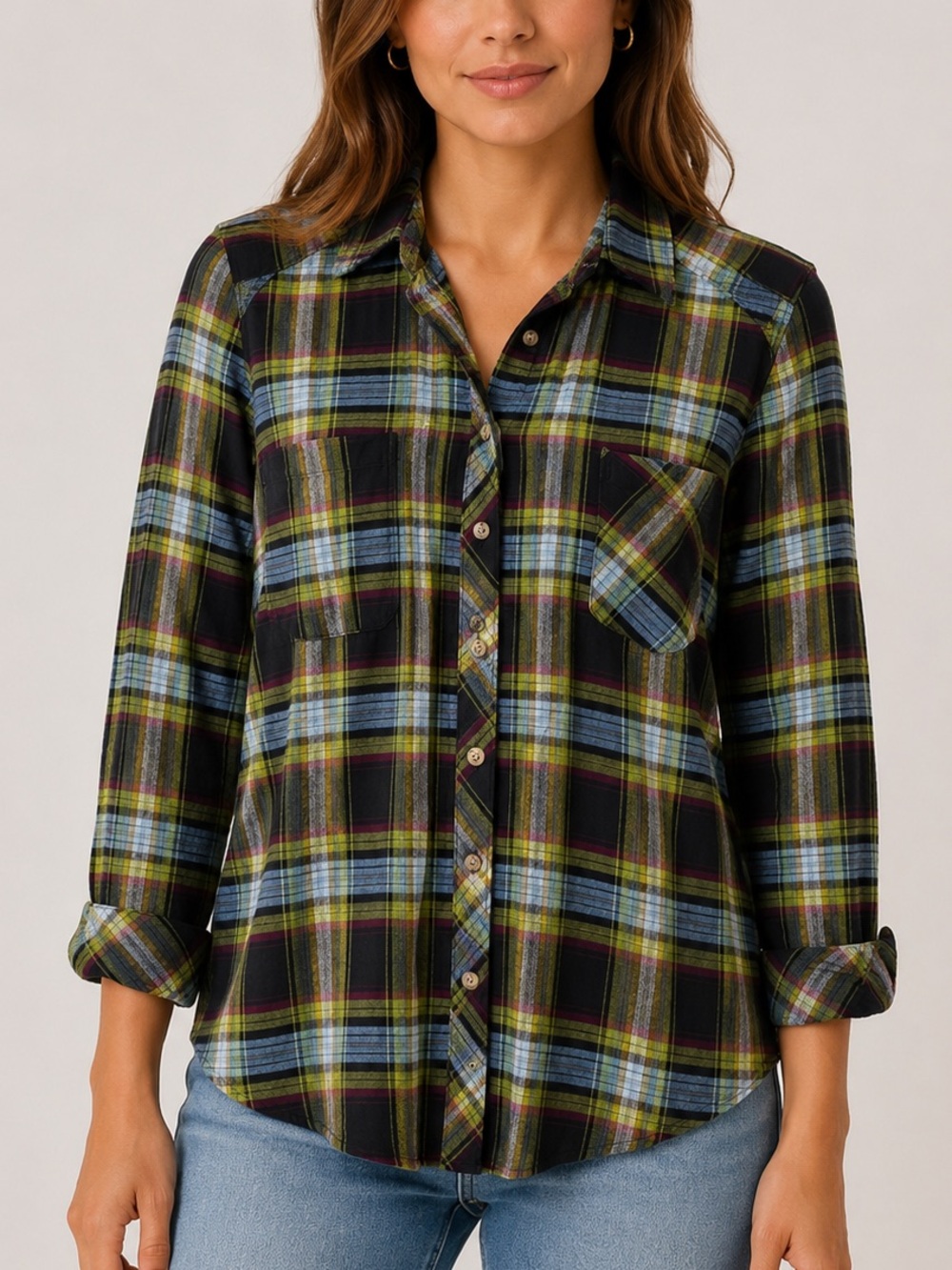 Northern Reflections Plaid Flannel Button Down Shirt Women’s Large Petite LP
